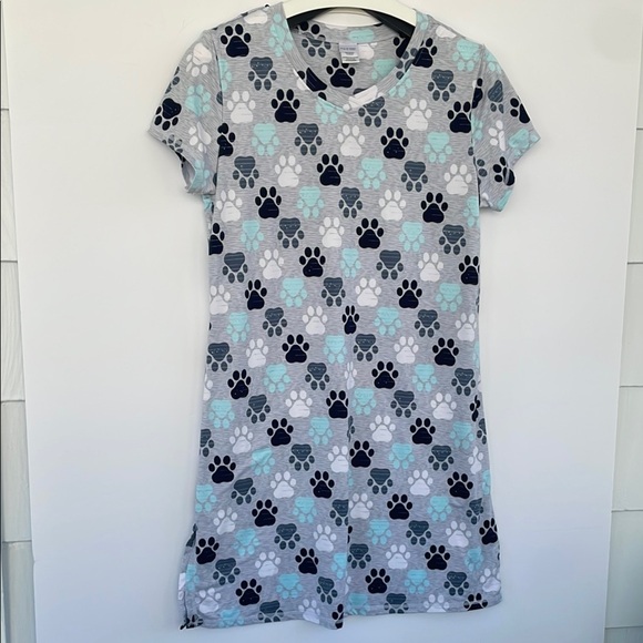 Mia & Tess Paw Print Women's Pajama Nightgown Gray and Blue Medium - Picture 6 of 9